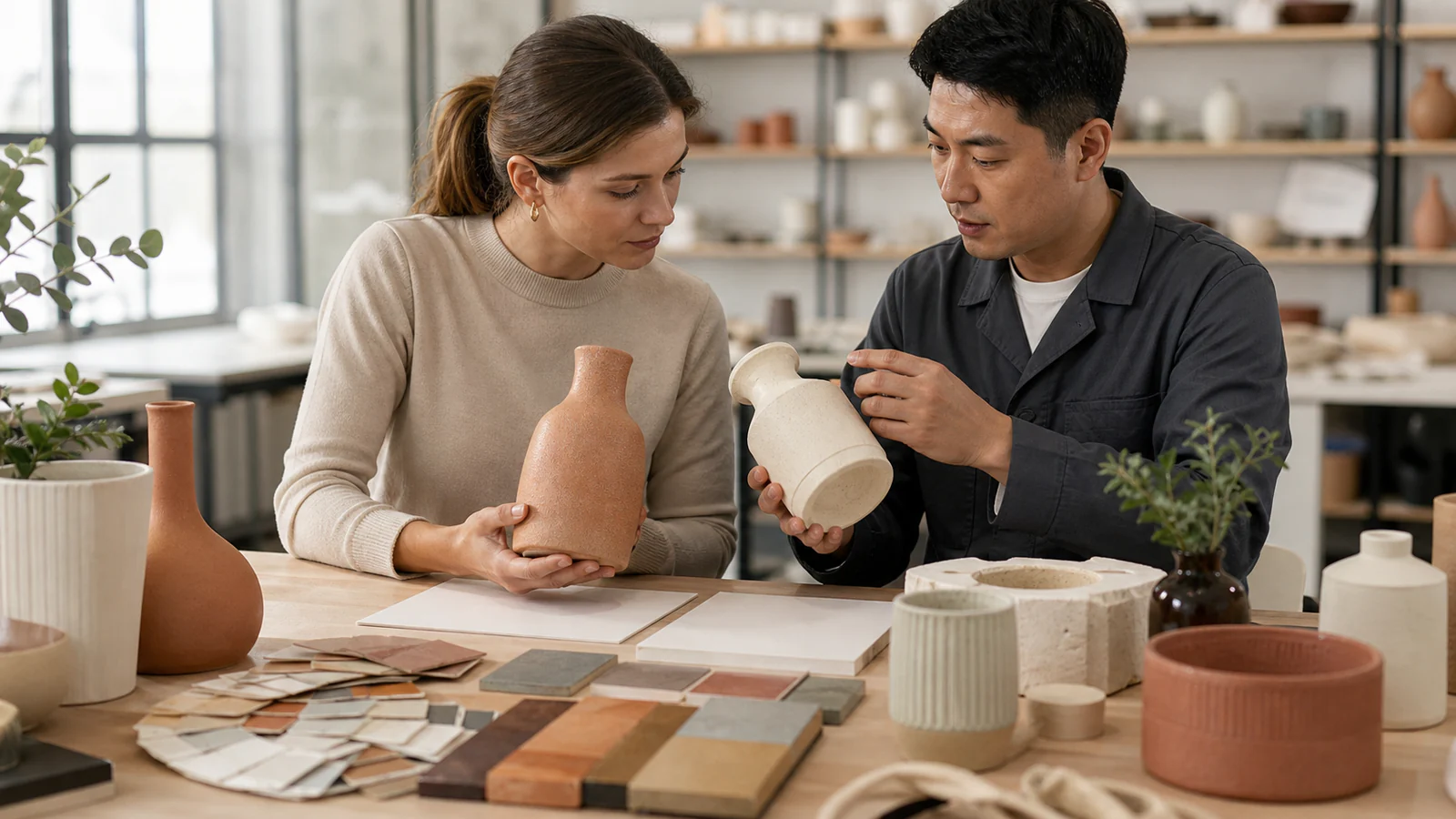 Designer and factory engineer comparing ceramic prototypes and finish samples