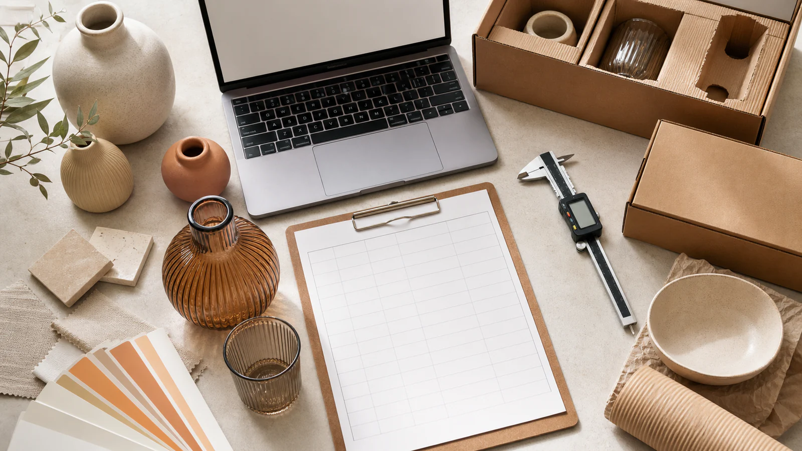 Home decor samples, packing components and measurement tools arranged for an RFQ