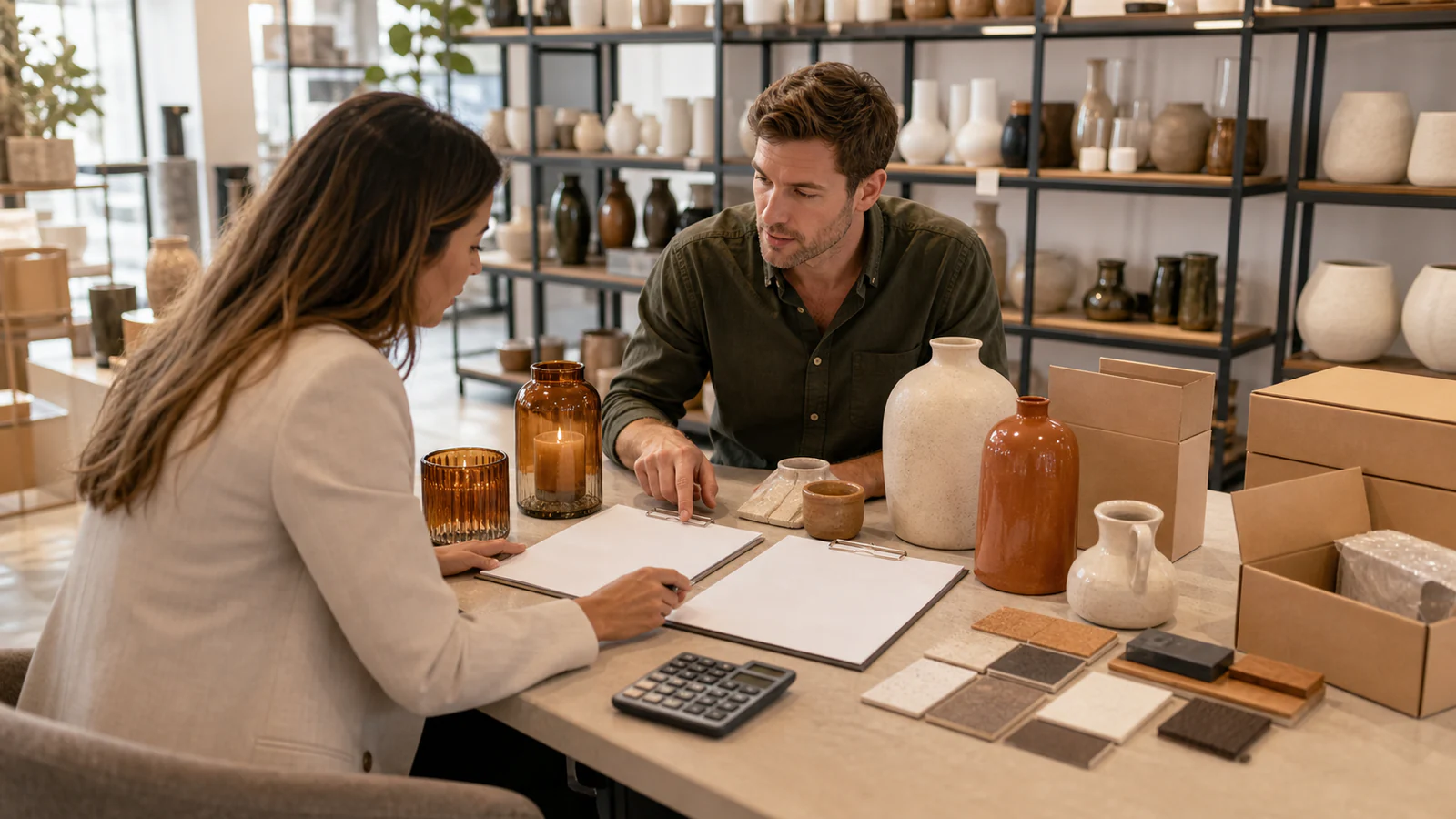 Buyer and supplier comparing home decor products, packing and quotation scope
