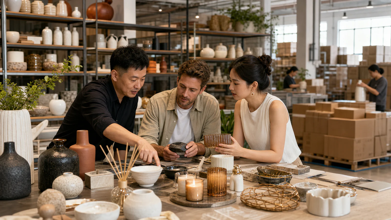 Buyer comparing ceramic, glass, metal and fragrance products with a sourcing team