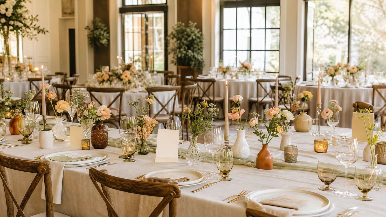 Wedding reception tables styled with coordinated glass and ceramic bud vase sets