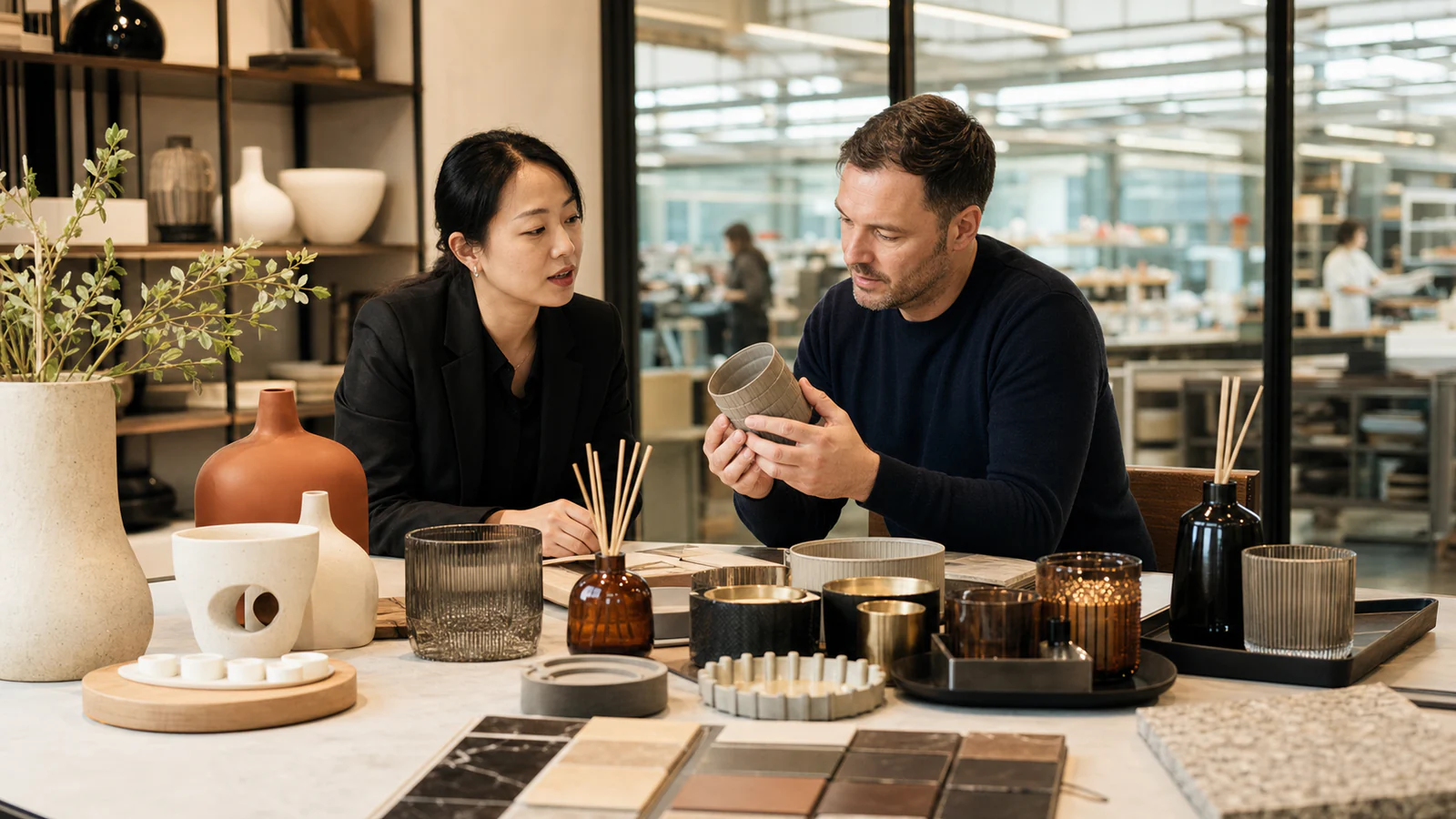 Buyer inspecting home decor samples in a China factory showroom