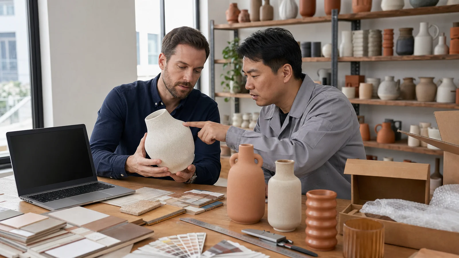 Buyer and factory engineer defining ceramic product details for an RFQ