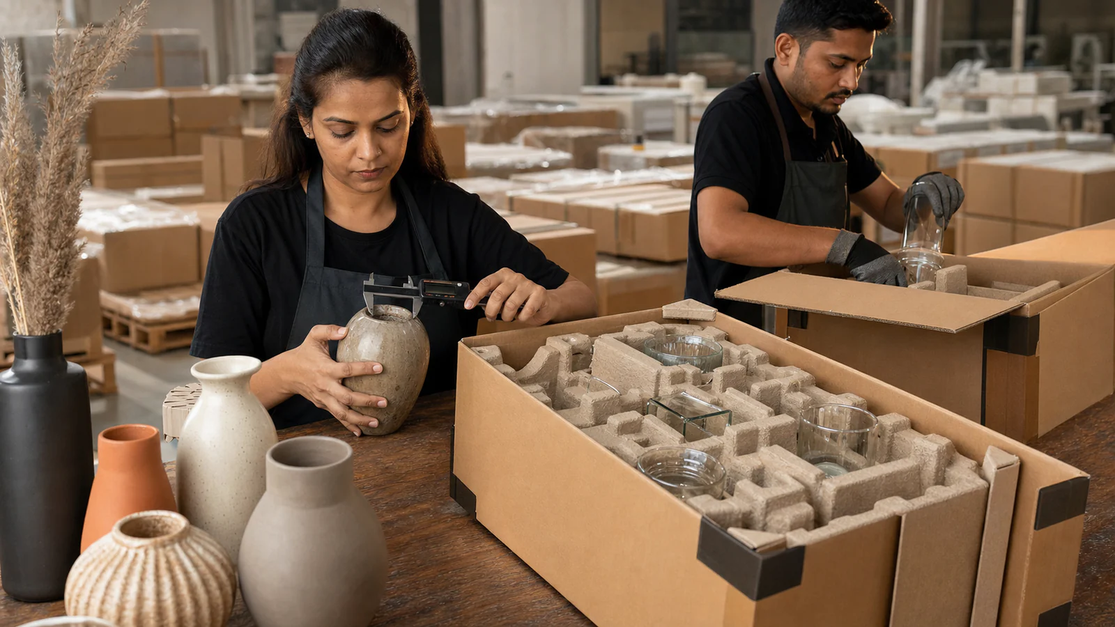 Inspector measuring a ceramic vase while export cartons are packed