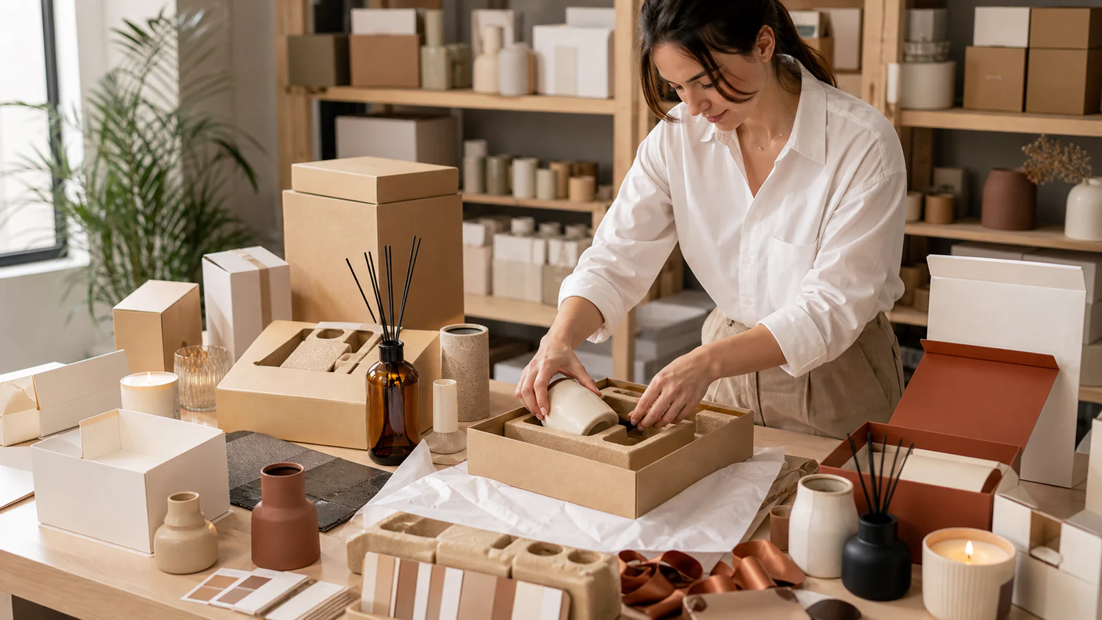 Packaging specialist fitting home decor products into private-label gift boxes