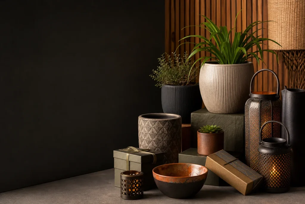Home decor assortment combining planters, lanterns and small accessories