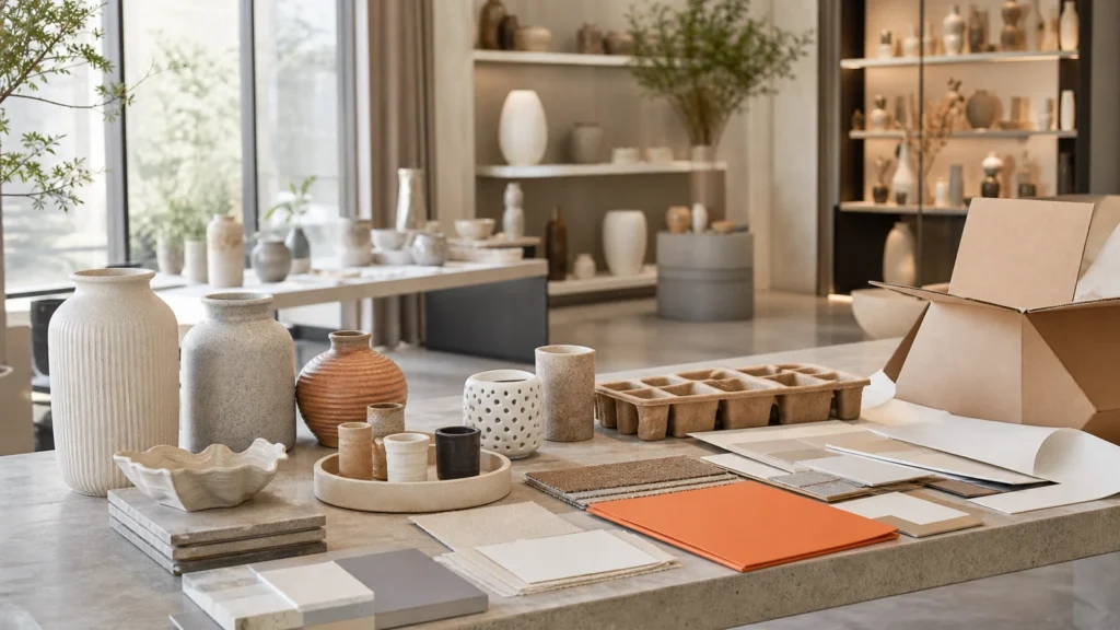 Home decor factory showroom with product samples and material references