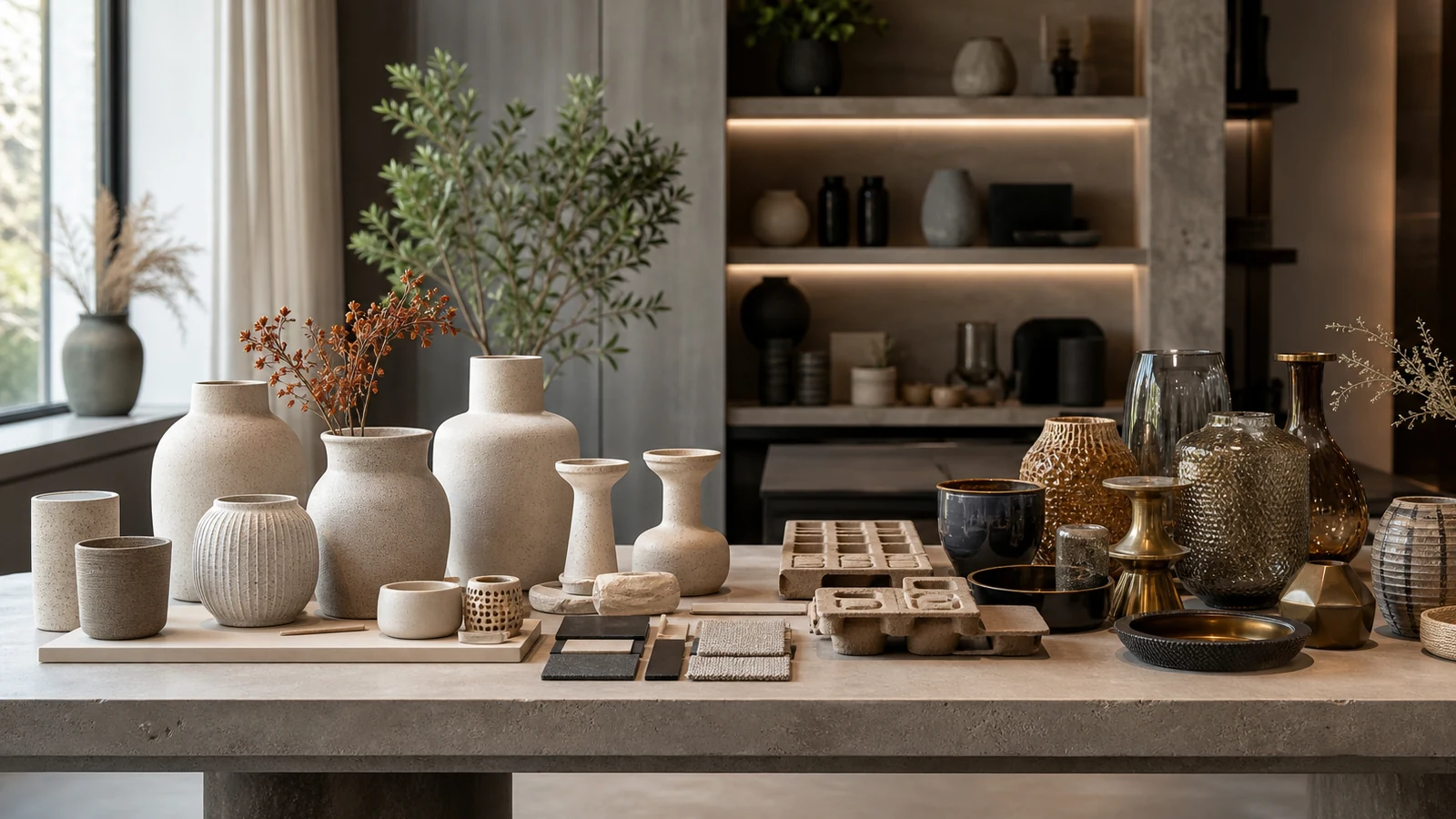 Coordinated ceramic home decor beside mixed-material decor in an empty supplier showroom