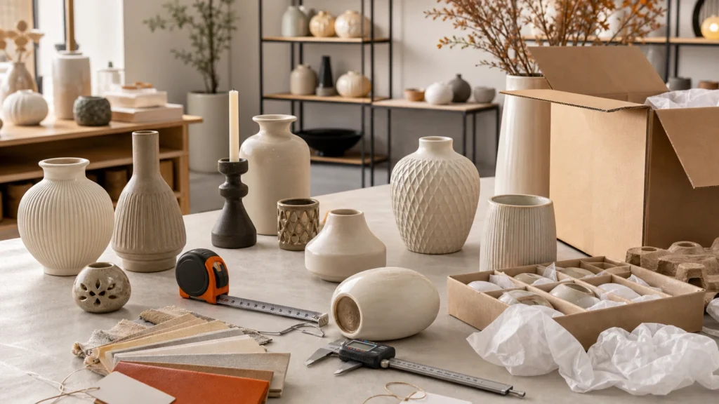 Home decor products, finish samples and packing materials prepared for inspection