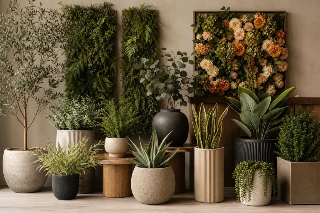 Artificial plants and planters displayed as a coordinated decor range