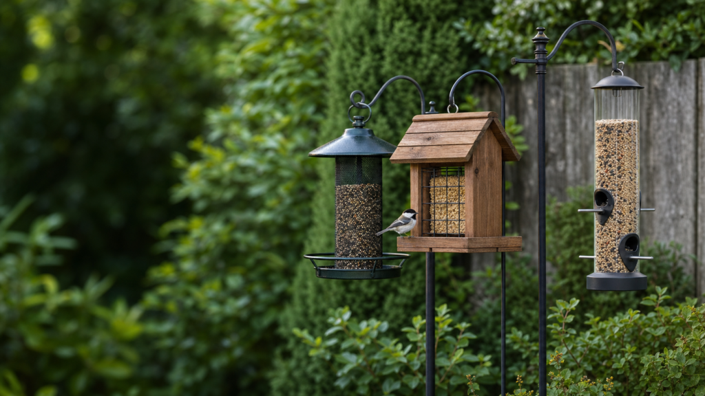 Bird feeders shown in an outdoor product-use setting