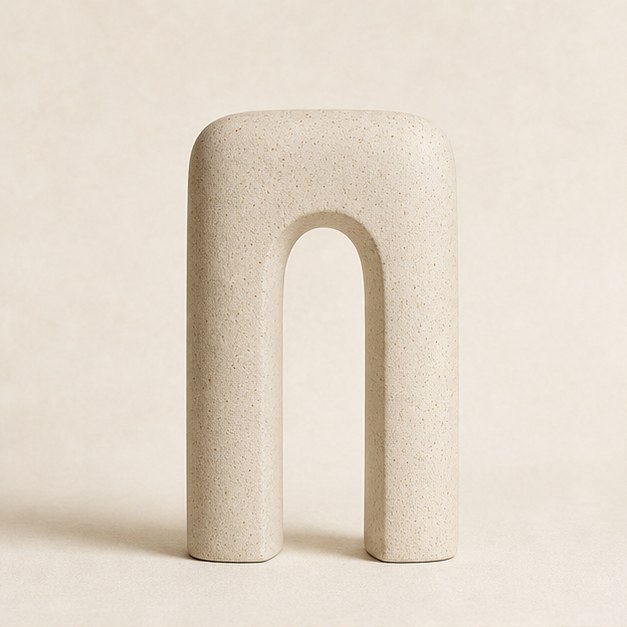 Ivory speckled ceramic sculptural arch ornament, front studio view