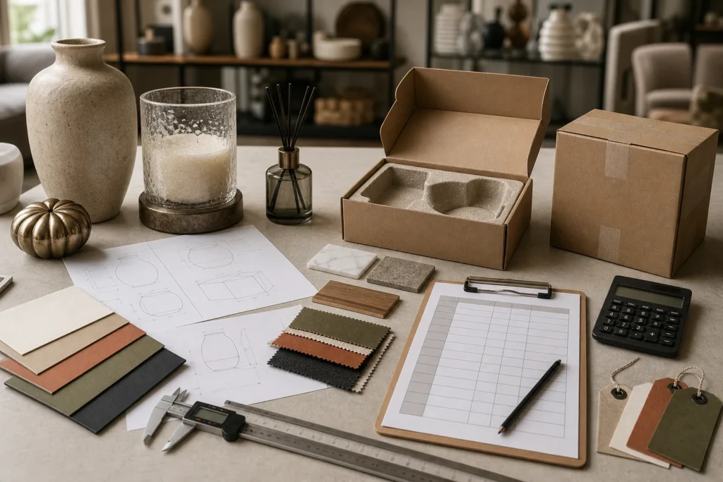 Factory development table with home decor samples, swatches and packaging