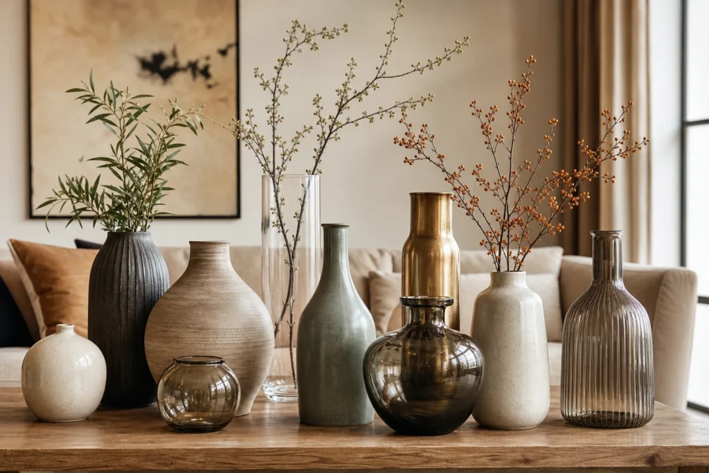 Coordinated decorative vases shown as a finished product assortment