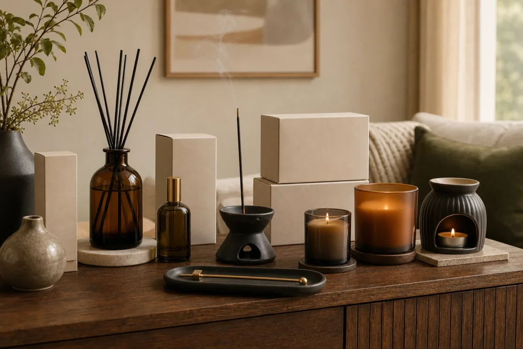 Home fragrance and incense products arranged as a mixed assortment