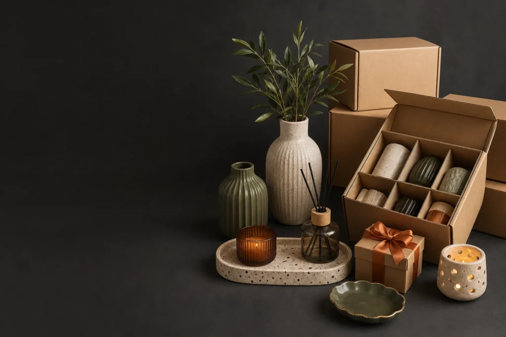 Wholesale home decor products shown with retail and export packing