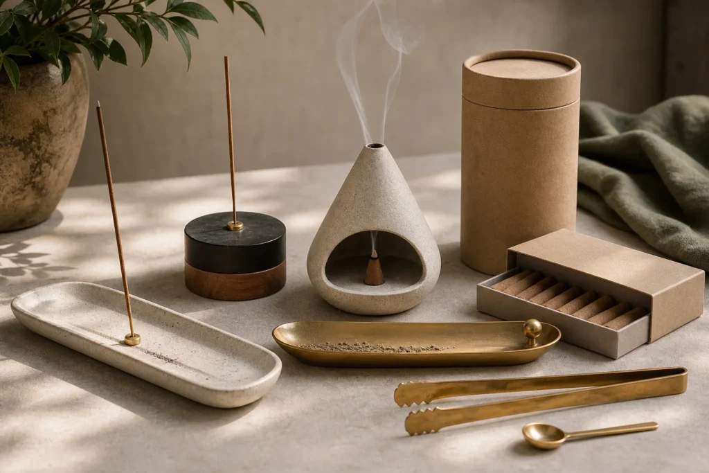 Incense accessories shown with boxes and product presentation pieces