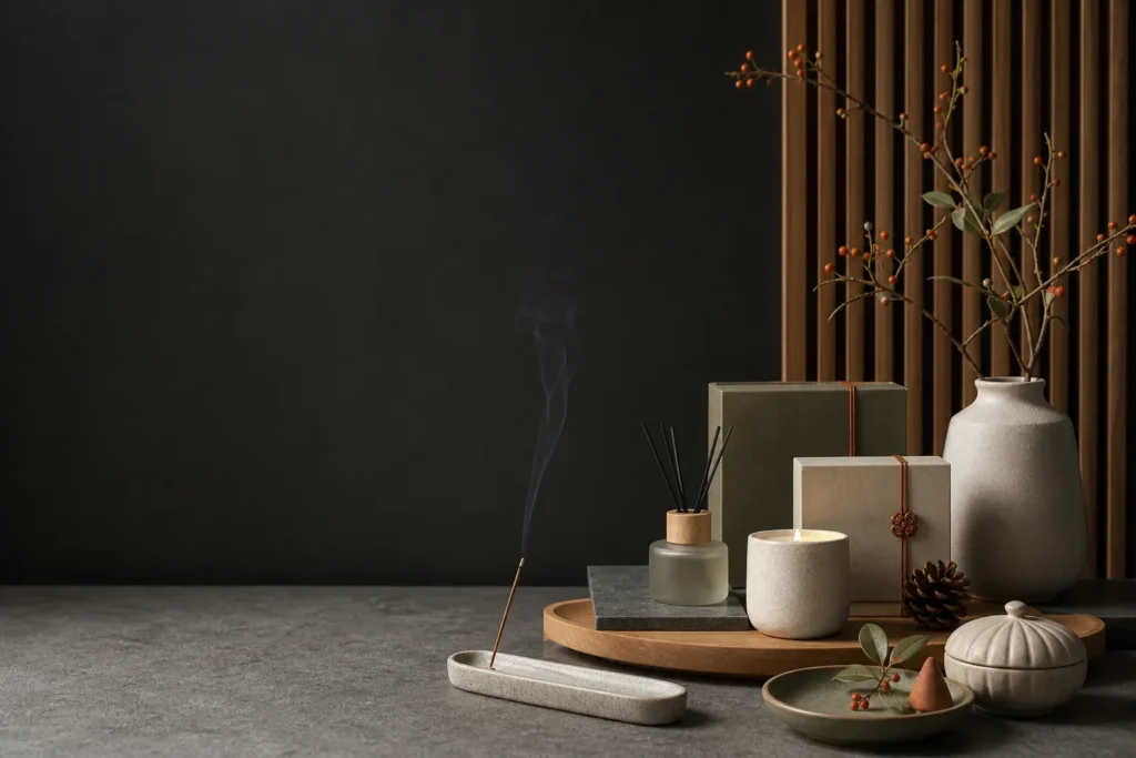 Minimal home decor collection with ceramic, wood and gift packaging
