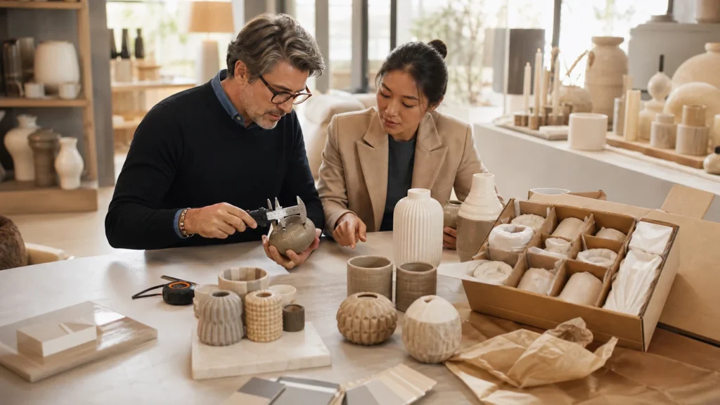 Buyer and supplier reviewing ceramic home decor samples at an inspection table
