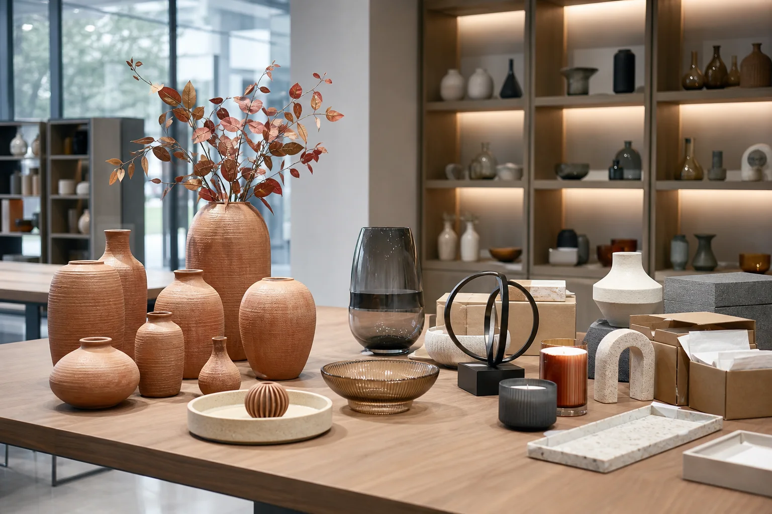 Ceramic, glass, metal and resin home decor samples arranged in an empty supplier showroom