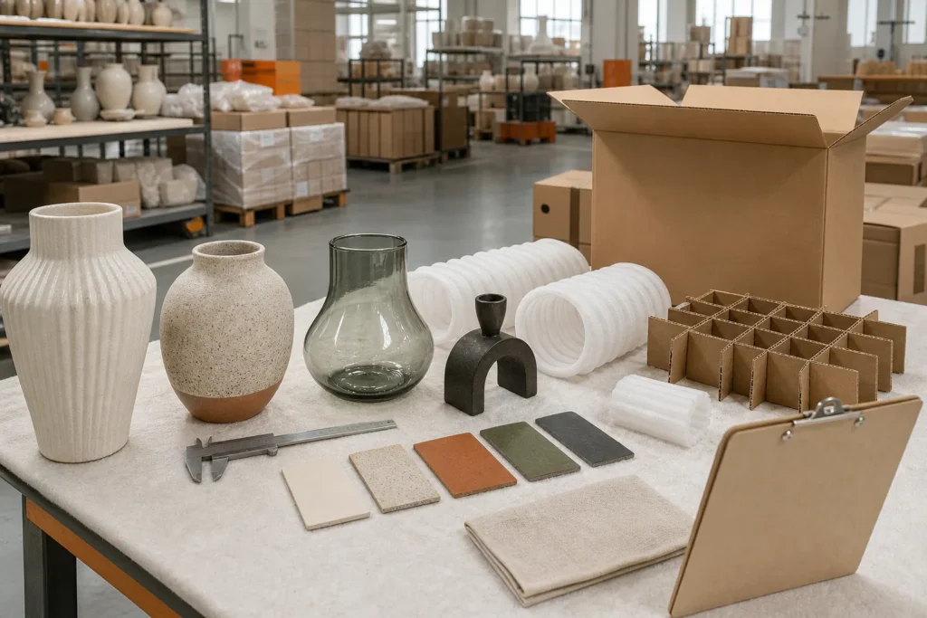 Home decor products checked beside molded inserts and export cartons