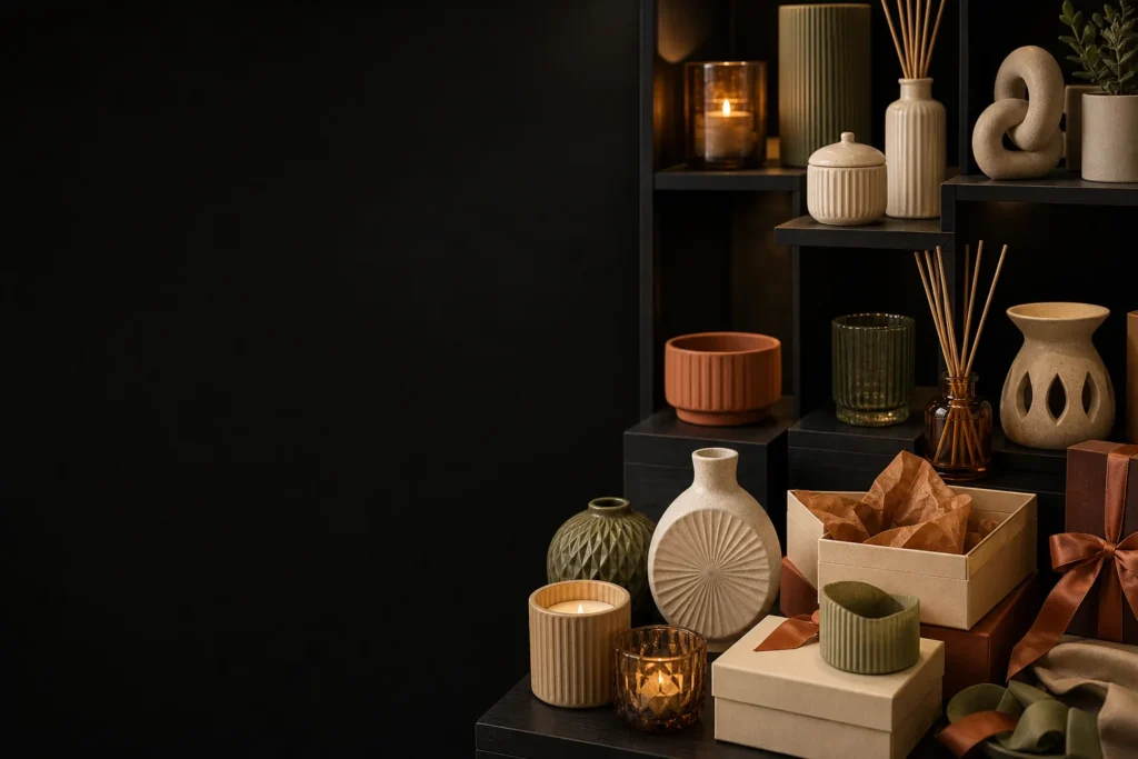 Retail gift-shop home decor assortment with multiple pack formats