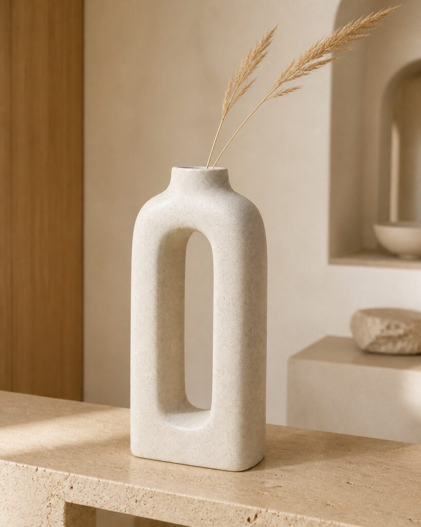 Approved sculptural ceramic vase shown in a finished interior setting