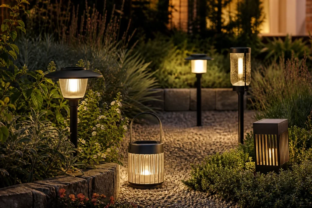 Solar garden lights installed in a realistic outdoor setting