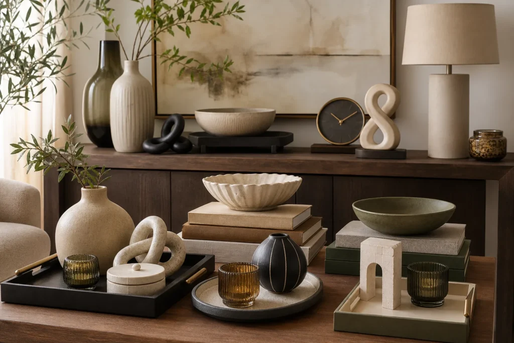 Tabletop decor assortment combining ceramic, glass and metal products