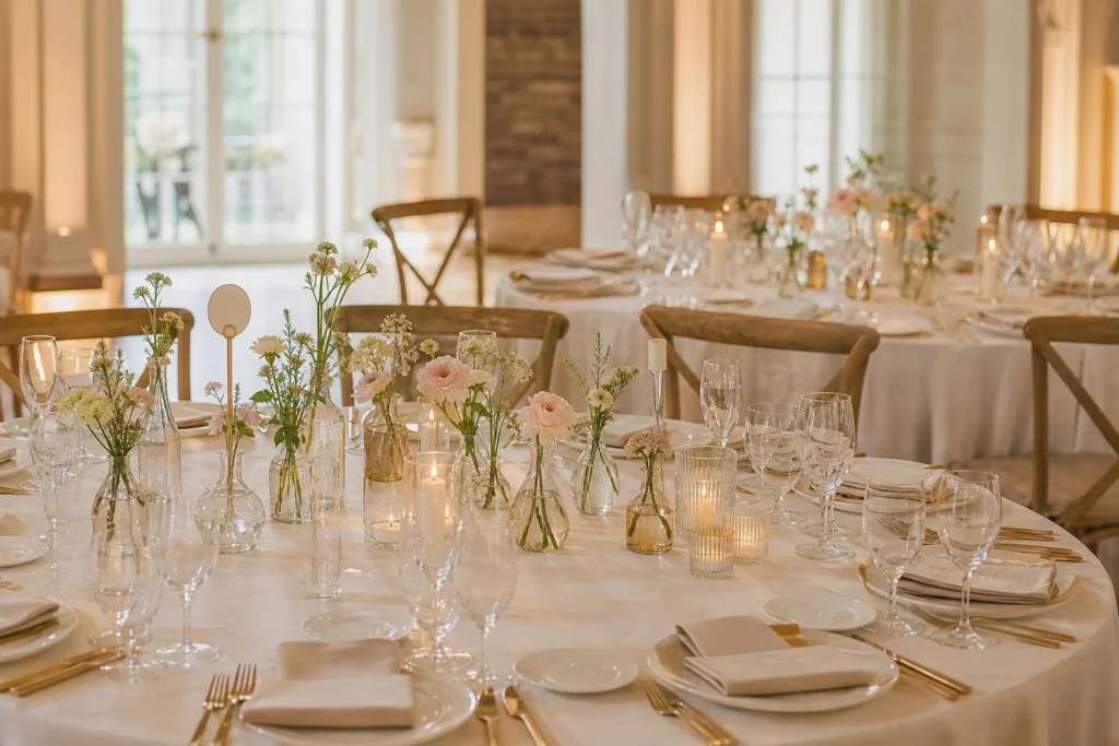 Finished wedding reception with varied bud vase arrangements