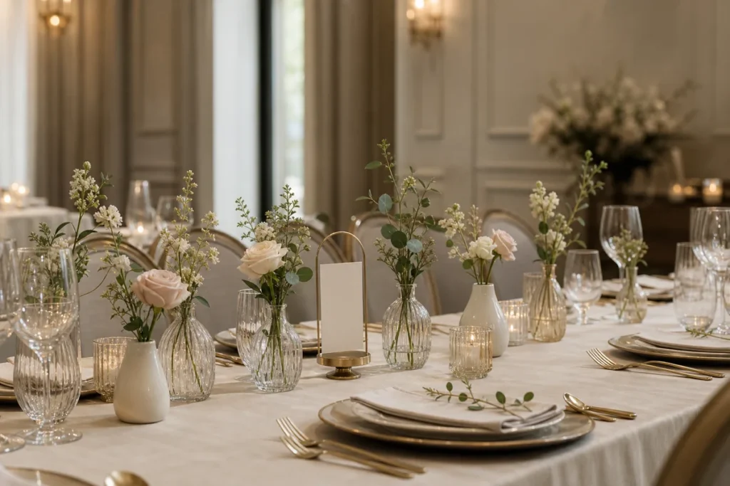 Wedding reception table with coordinated clear and ceramic bud vases