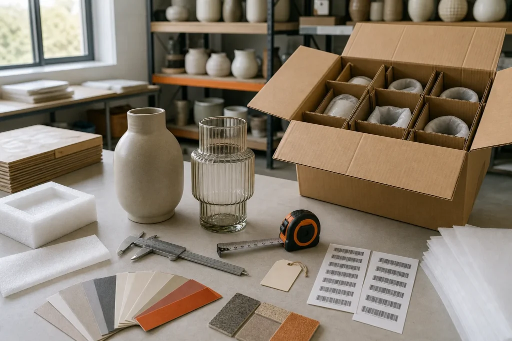 Ceramic and glass home decor arranged beside protective export cartons