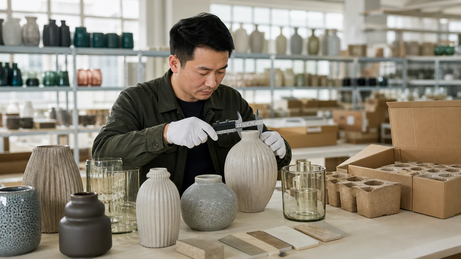 Inspector measuring ceramic home decor beside export packing materials