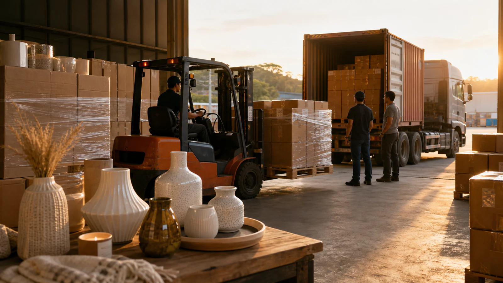 Palletized home decor cartons moving from warehouse to shipping container