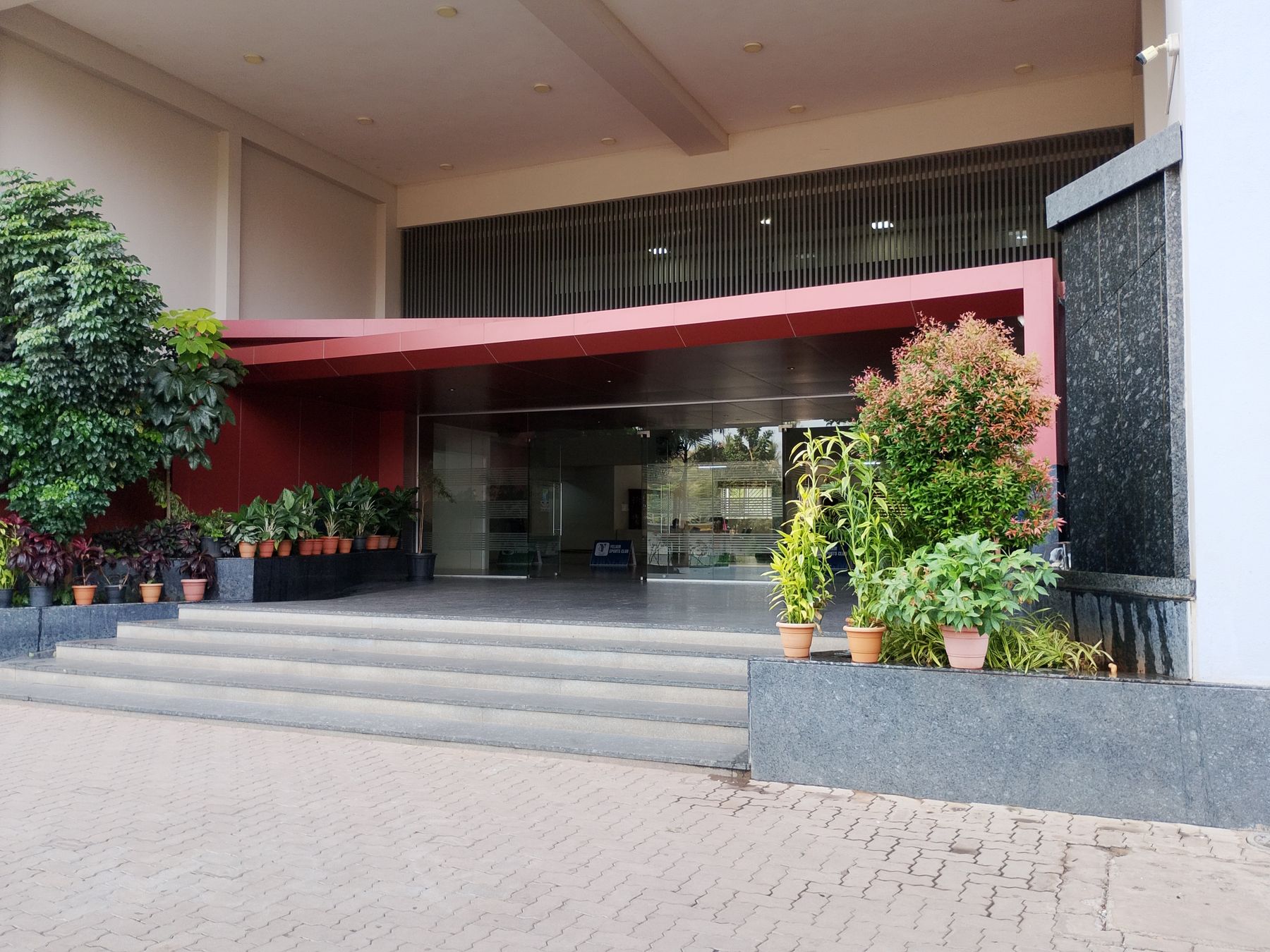 Large planters positioned at a modern commercial entrance with glass doors