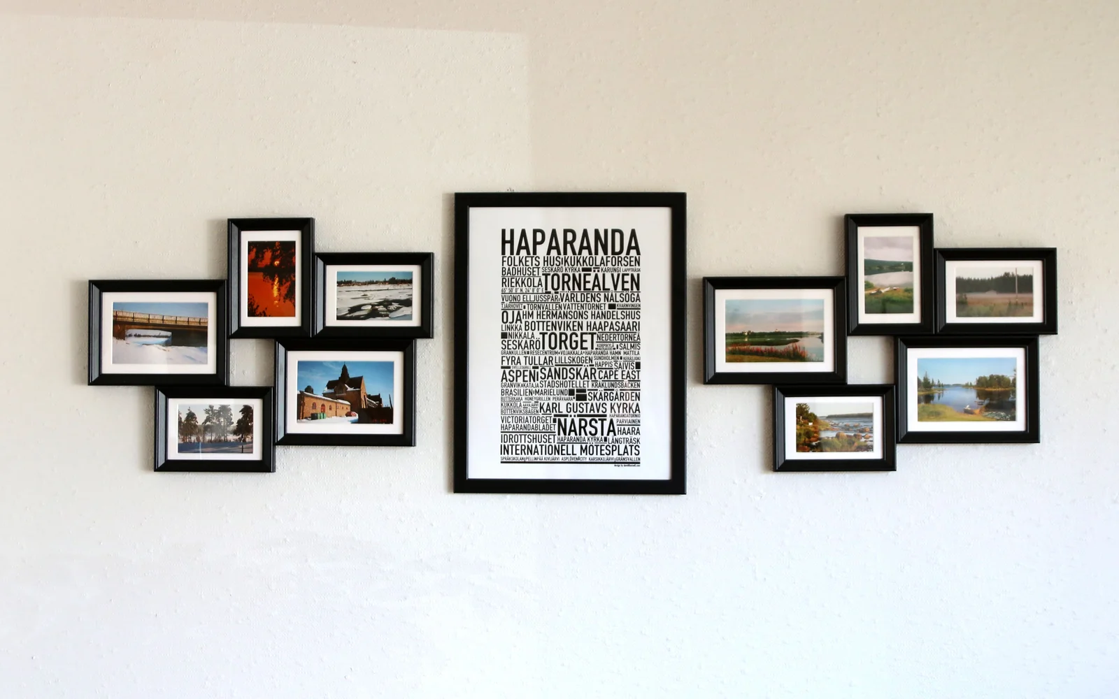 Coordinated picture frames displayed together as a gallery wall