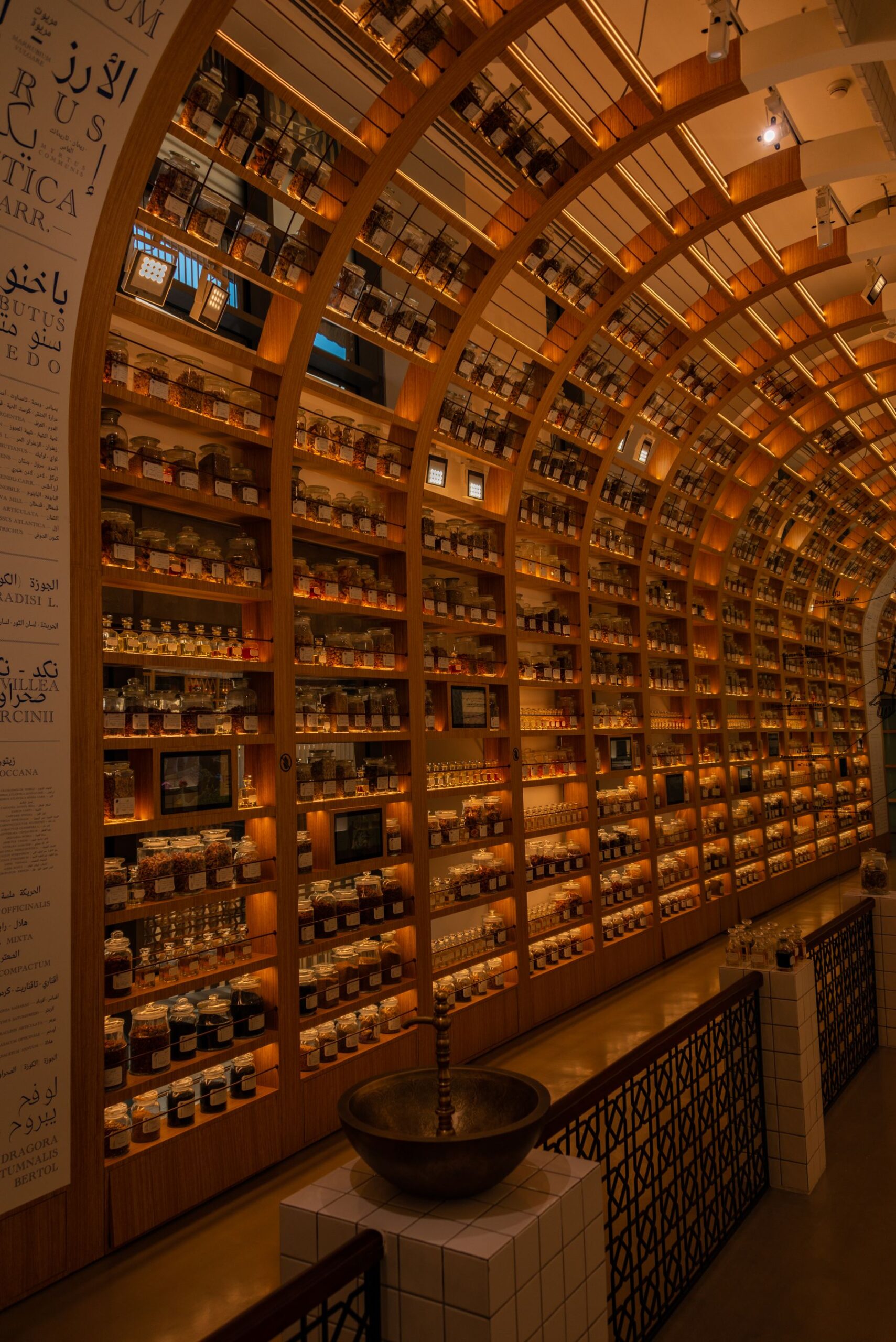 Tall retail interior with many labeled jars arranged across illuminated shelves