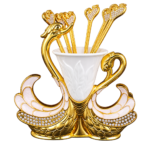 HS-SPSET-02 double-swan holder with central white cup and matching gold-tone utensils thumbnail