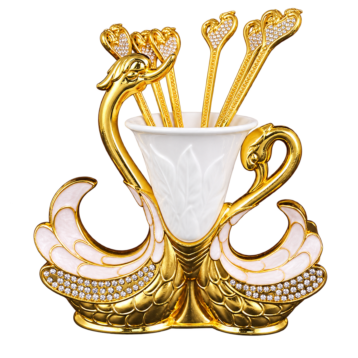 HS-SPSET-02 double-swan holder with central white cup and matching gold-tone utensils