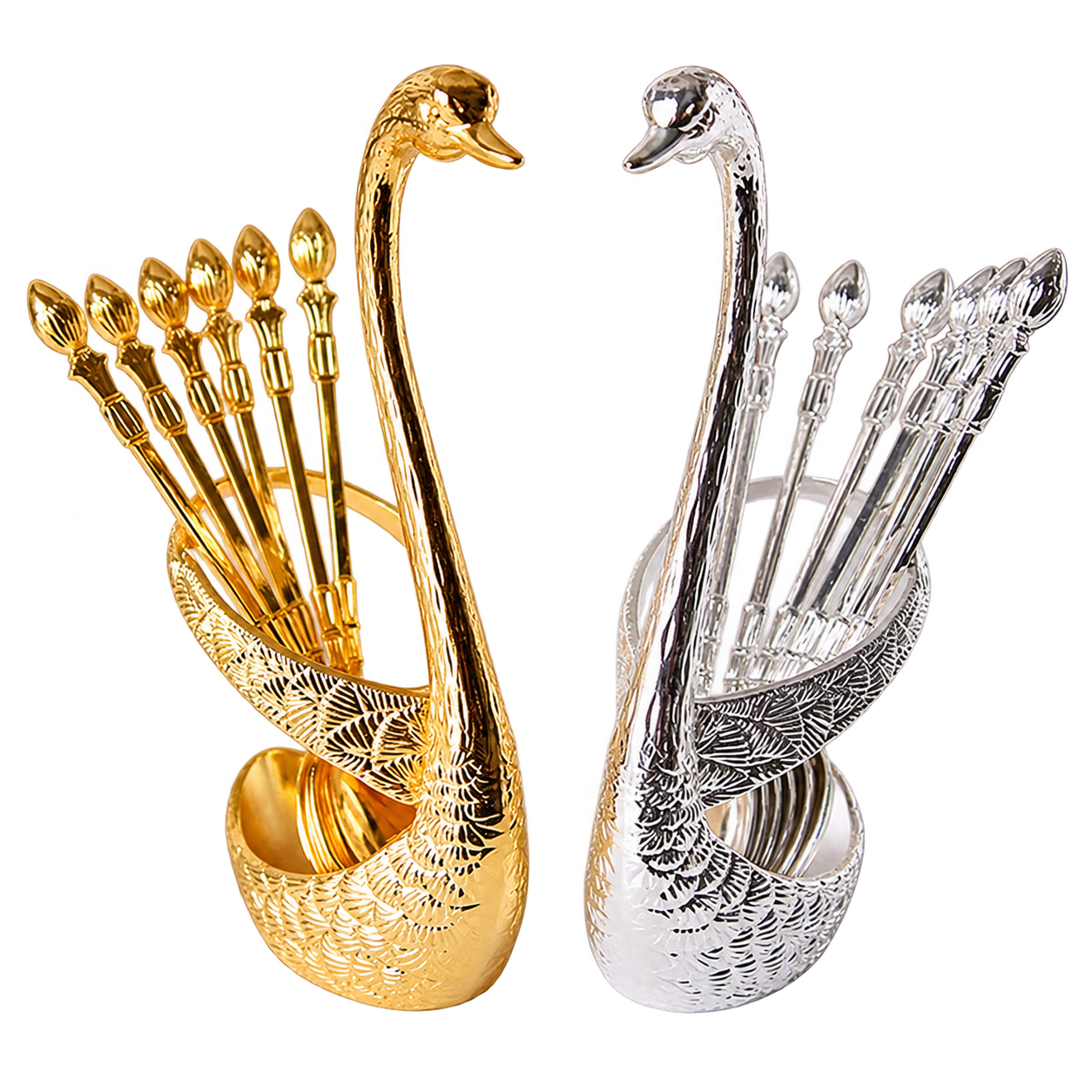 HS-SPSET-03 gold-tone and silver-tone swan holders displaying fruit forks as alternative finishes