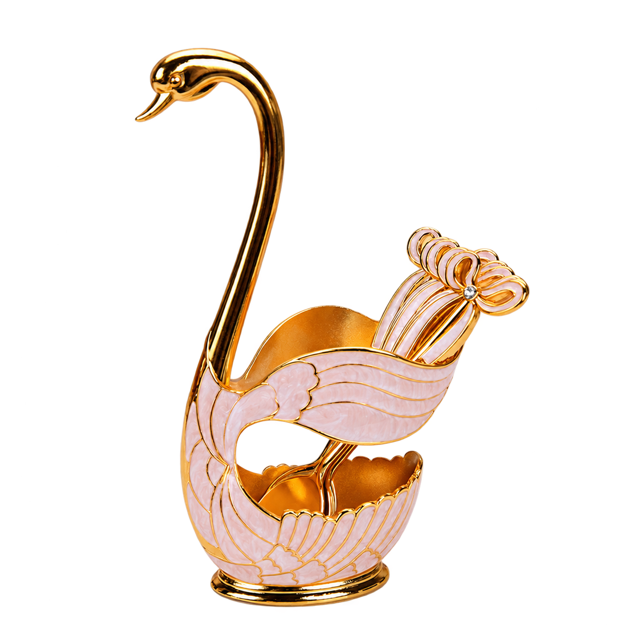 HS-SPSET-04 pale-wing swan holder with matching bow-handle spoons