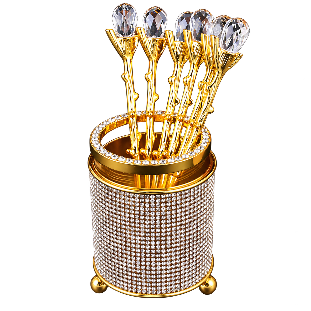 HS-SPSET-06 round stone-look holder with gold-tone faceted-end utensils