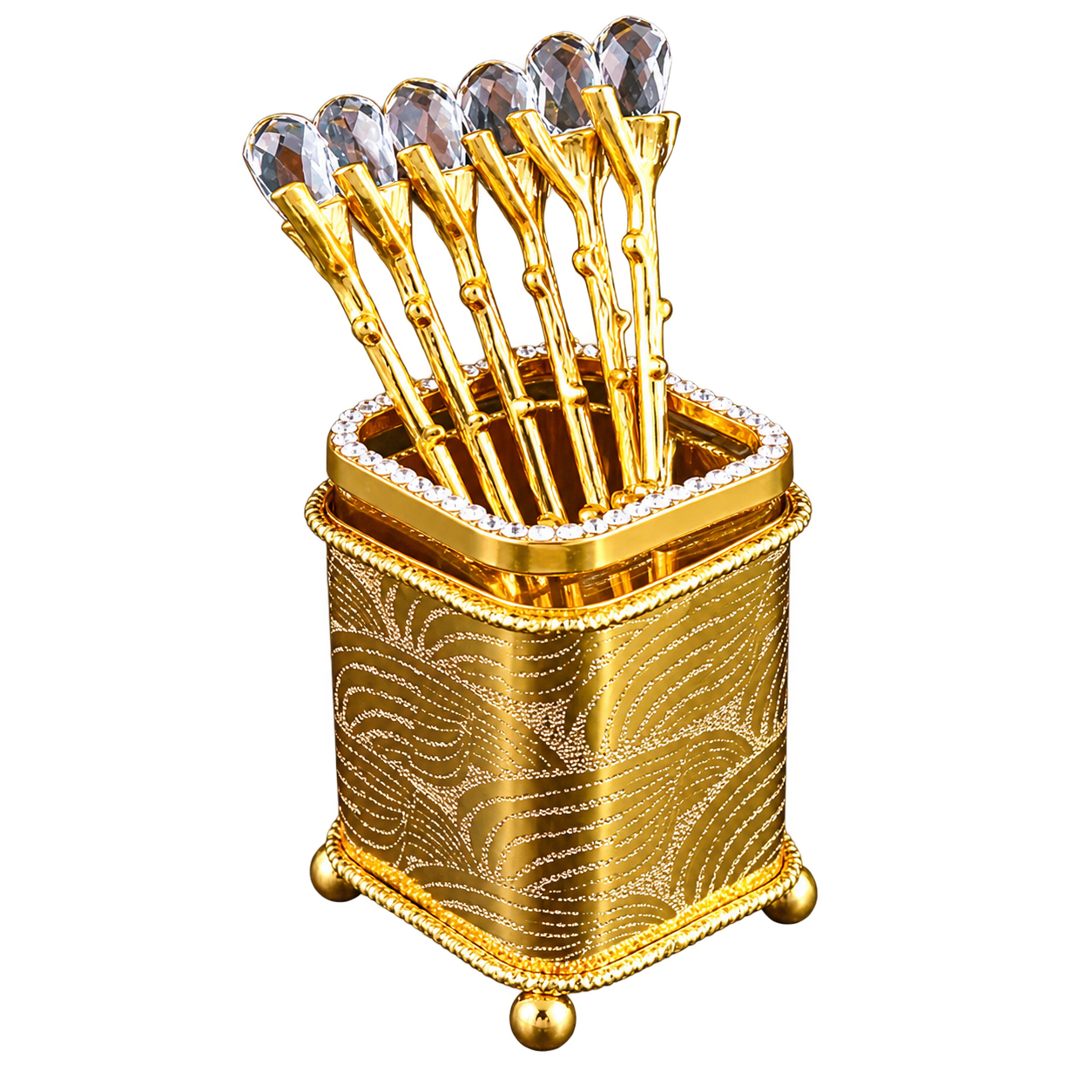 HS-SPSET-09 engraved gold-tone square holder with matching faceted-end utensils