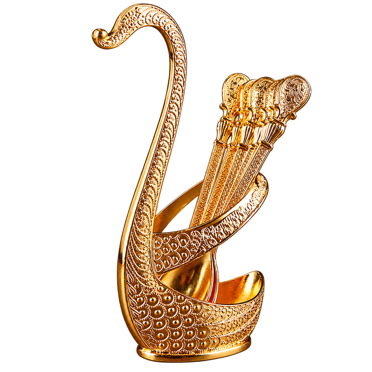HS-SPSET-11 engraved gold-tone swan holder with matching decorative spoons