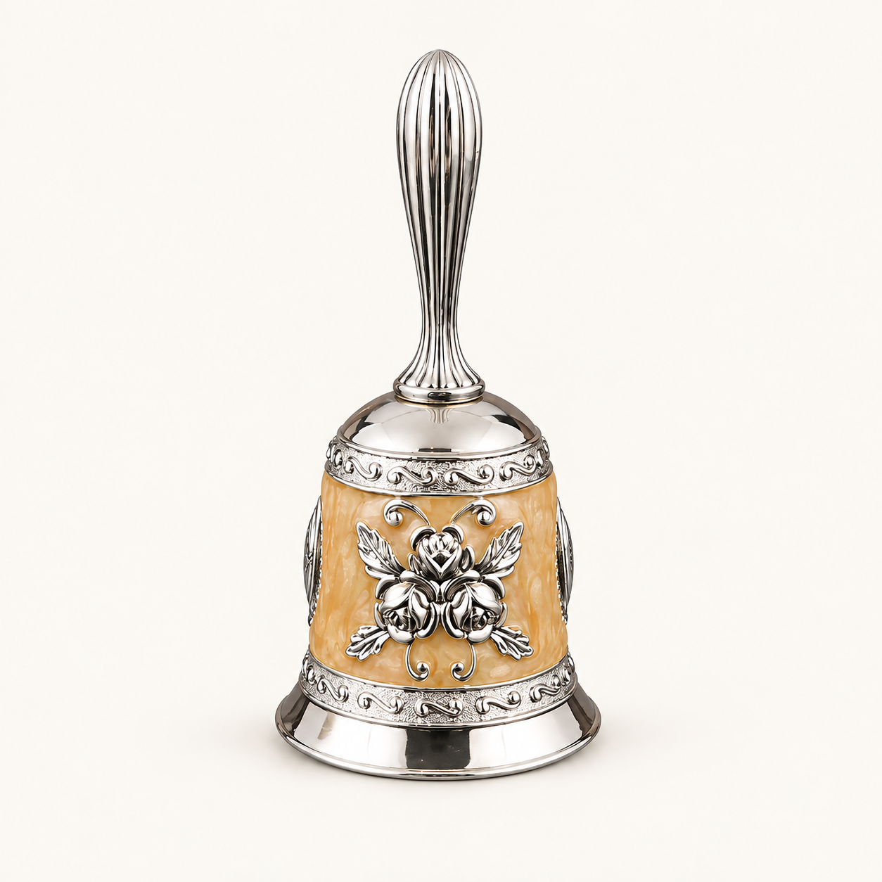 Floral Relief Handbell — Amber-accent reference