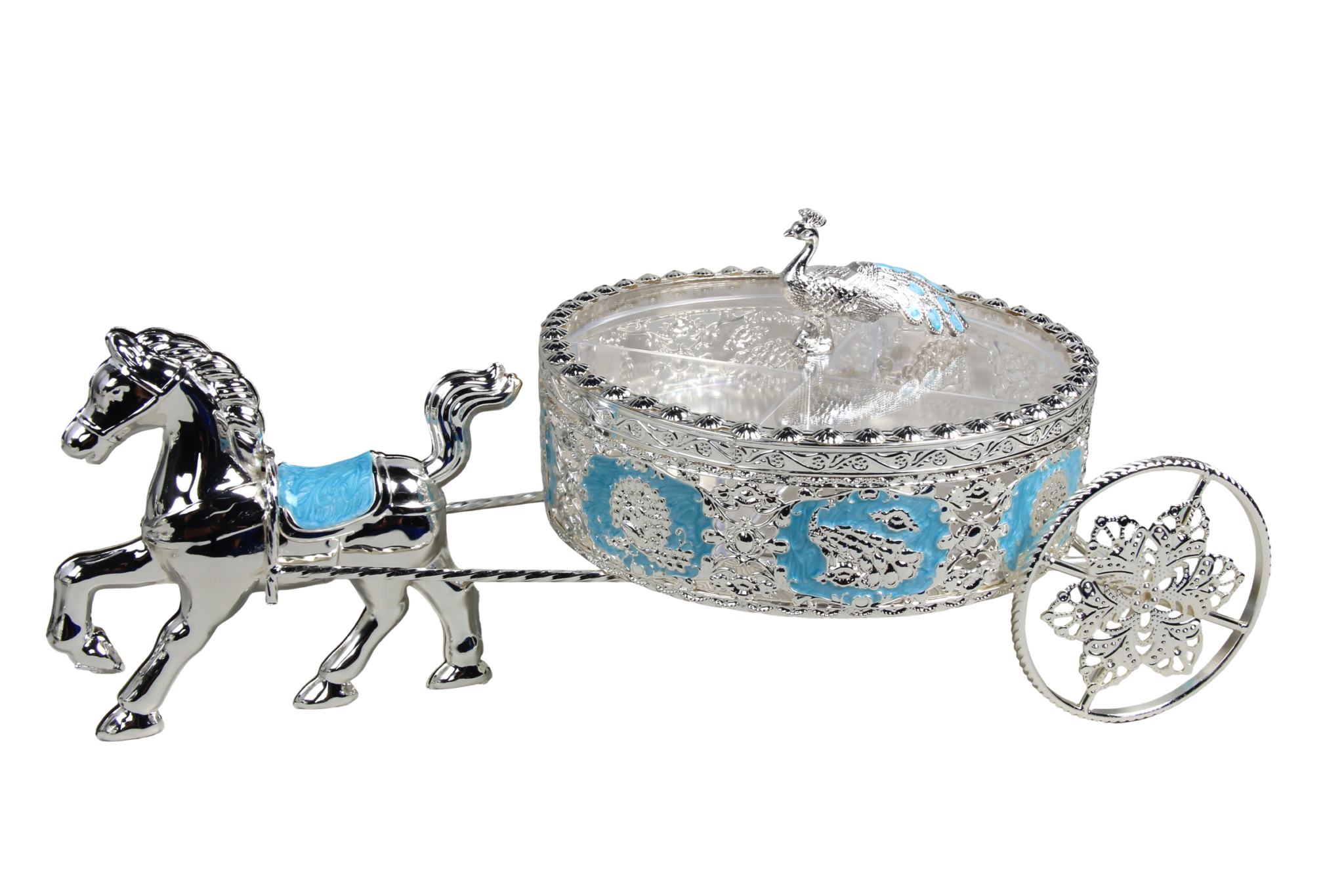 HS-GP191 8-inch round peacock carriage dry fruit box in blue main view