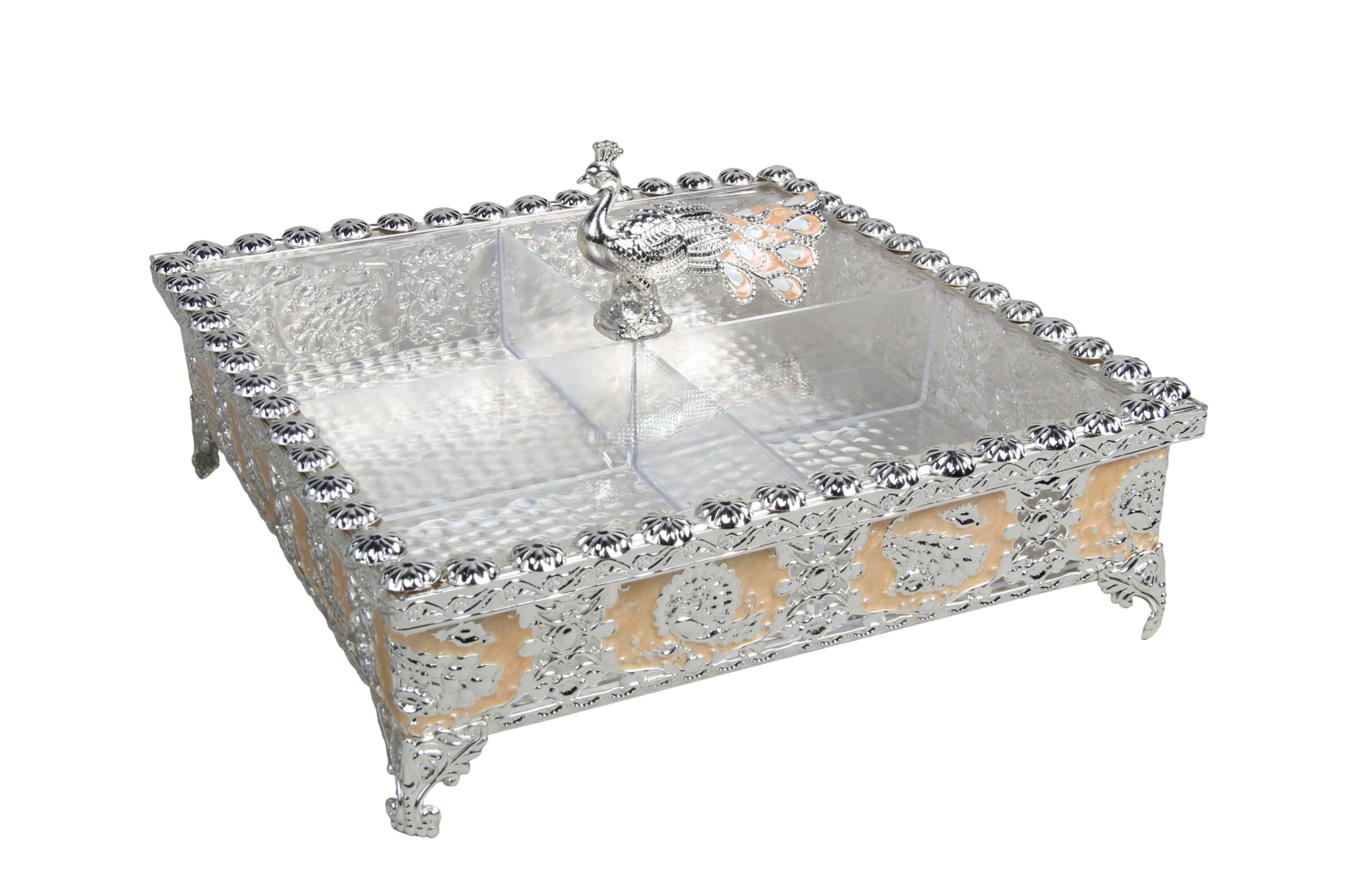 HS-GP192 peacock compartment dry fruit box in peach finish with lid closed