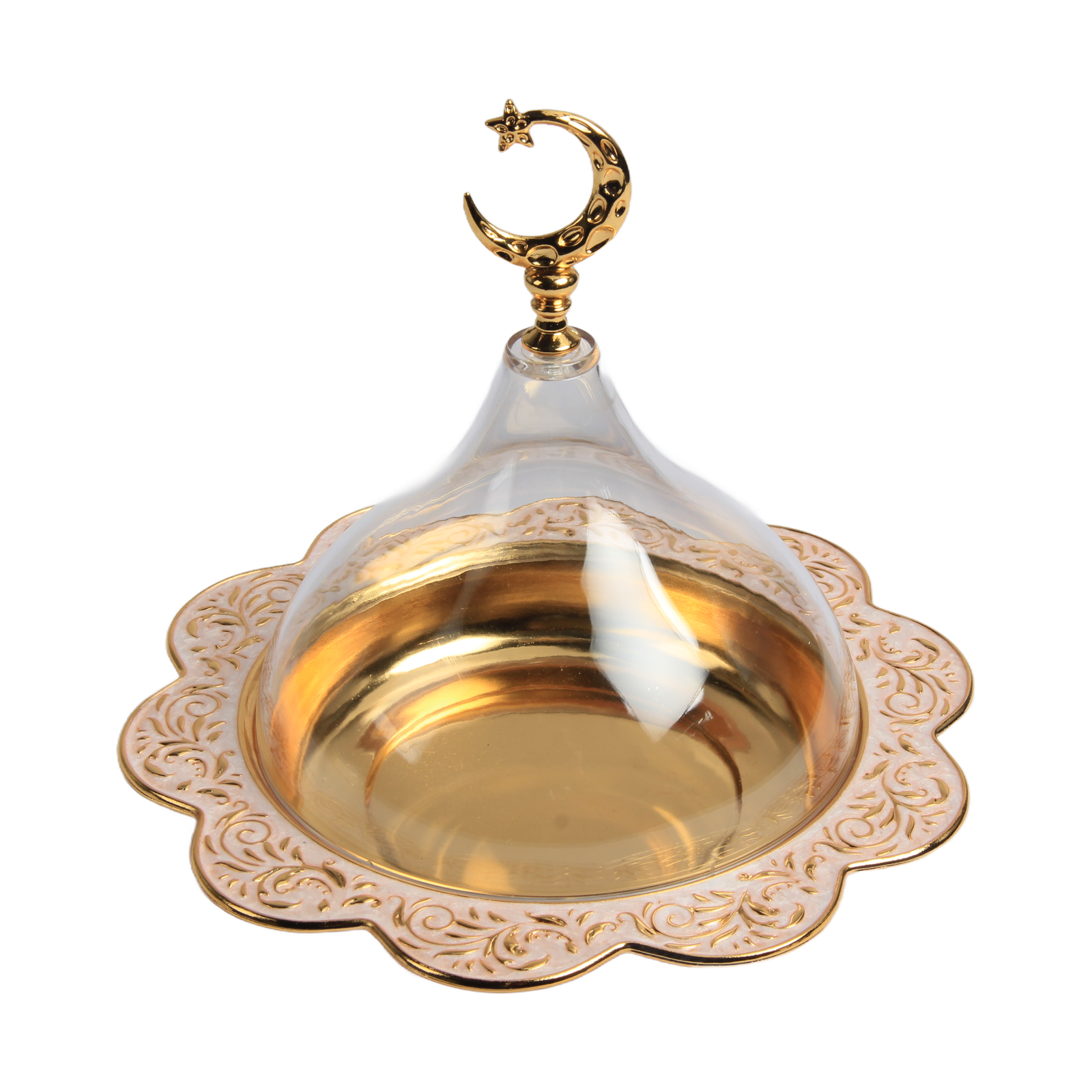 HS-GW068 Crescent-Finial Covered Fruit Bowl — Peach floral rim