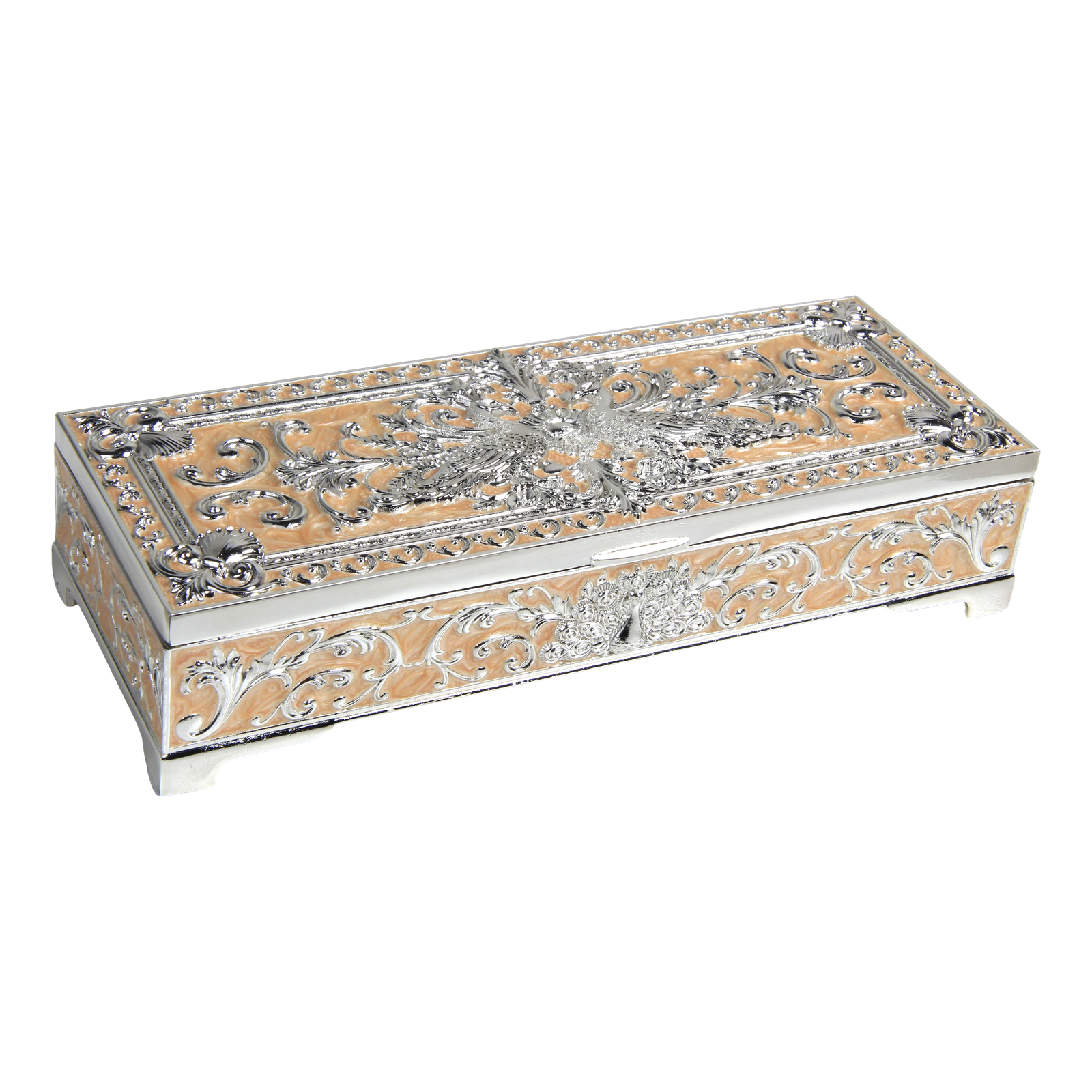 HS-SSH103 Double-Peacock Rectangular Jewellery Box — Peach peacock finish