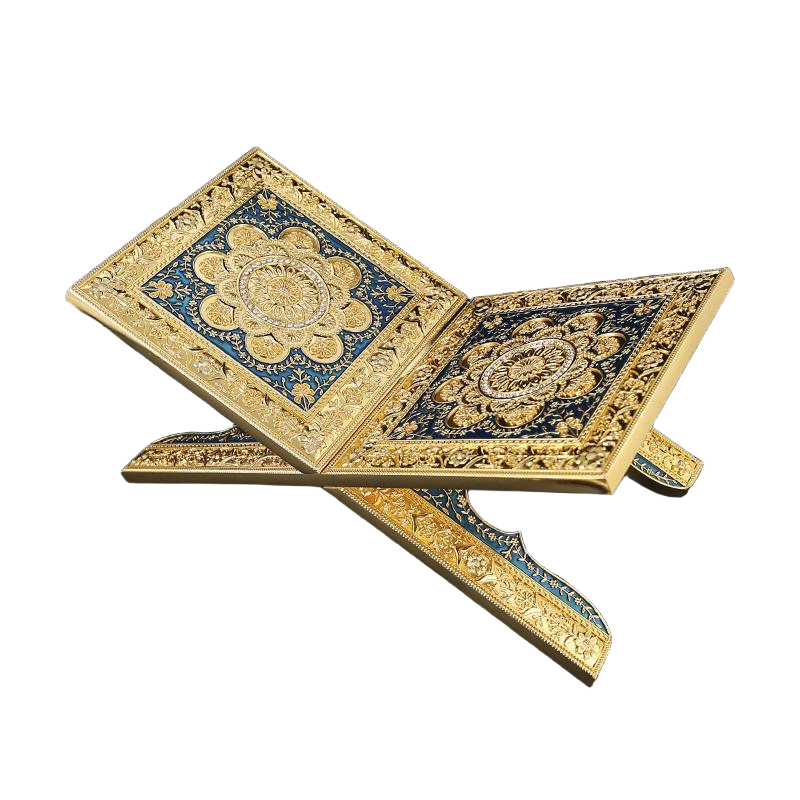 Decorative X-Shaped Quran Stand — Navy and gold-tone design reference